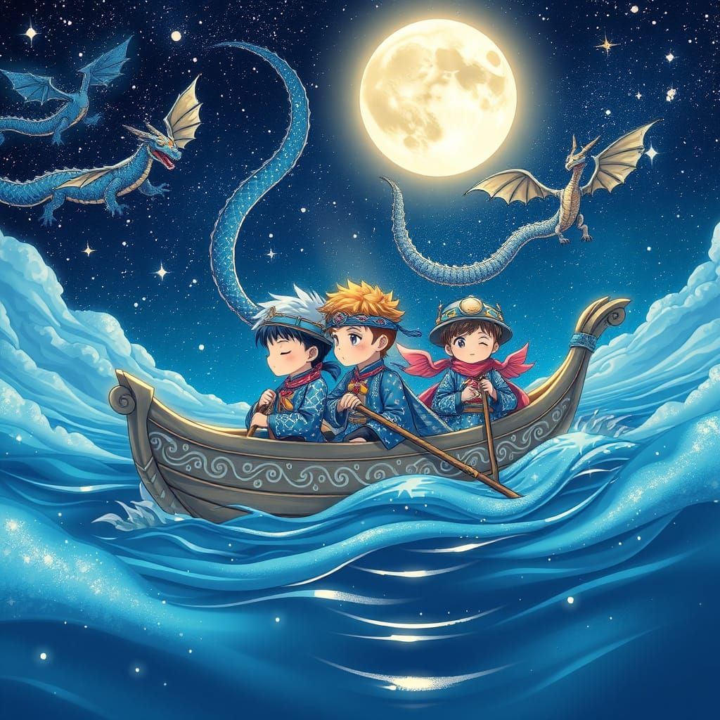 Cosmic Voyage: Three Men in a Sparkling Boat with Dragons