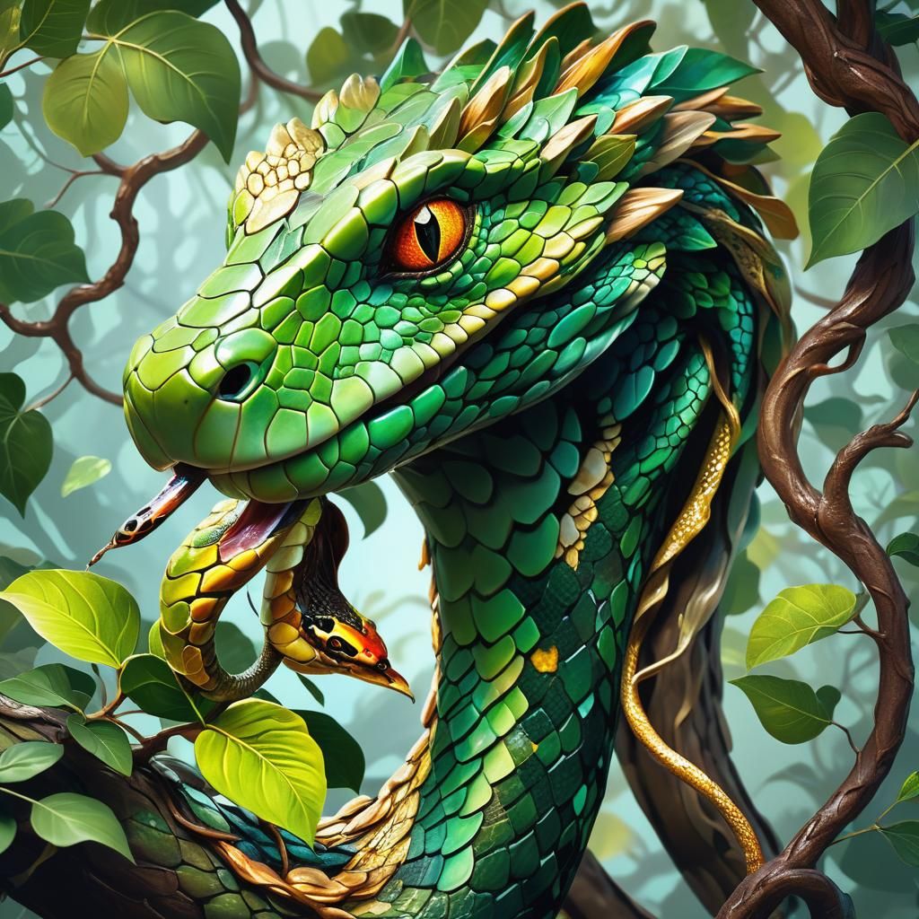 Giraffe-Snake Hybrid Eating Leaves in Digital Art Style