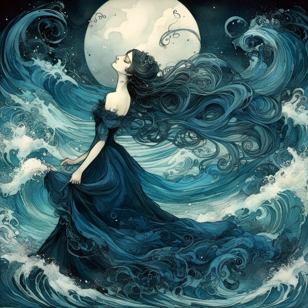 Ethereal Lady in Flowing Blue Gown