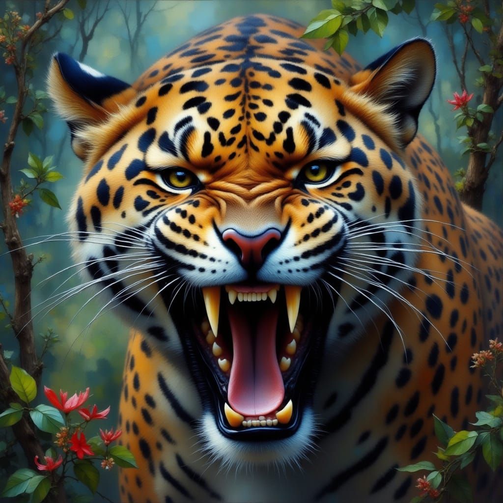 Menacing Jaguar Growl in Impasto Oil Painting