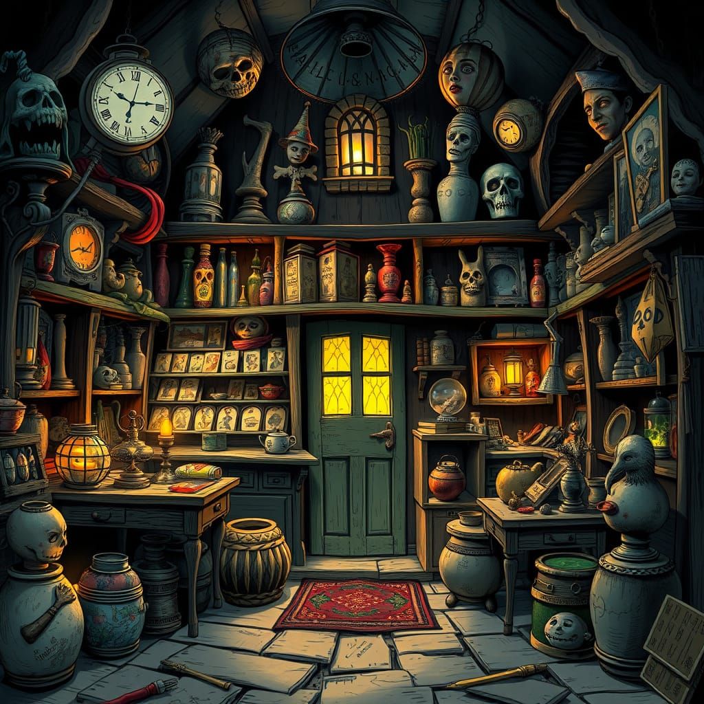 A mysterious curio shoppe filled will all manner of unusual and disturbing items. Dark magic. Weird. Whimsical.