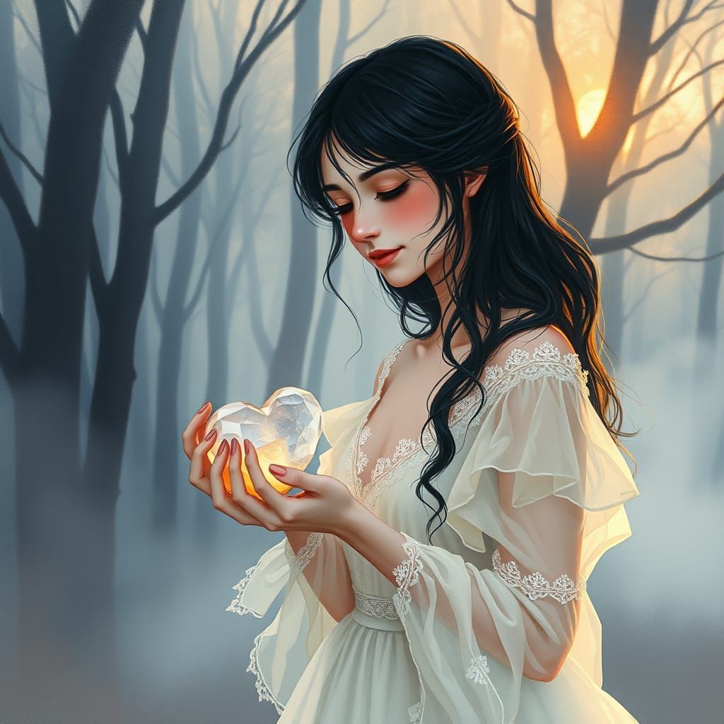 Romantic watercolor art, medium shot. A sad black haired wom...