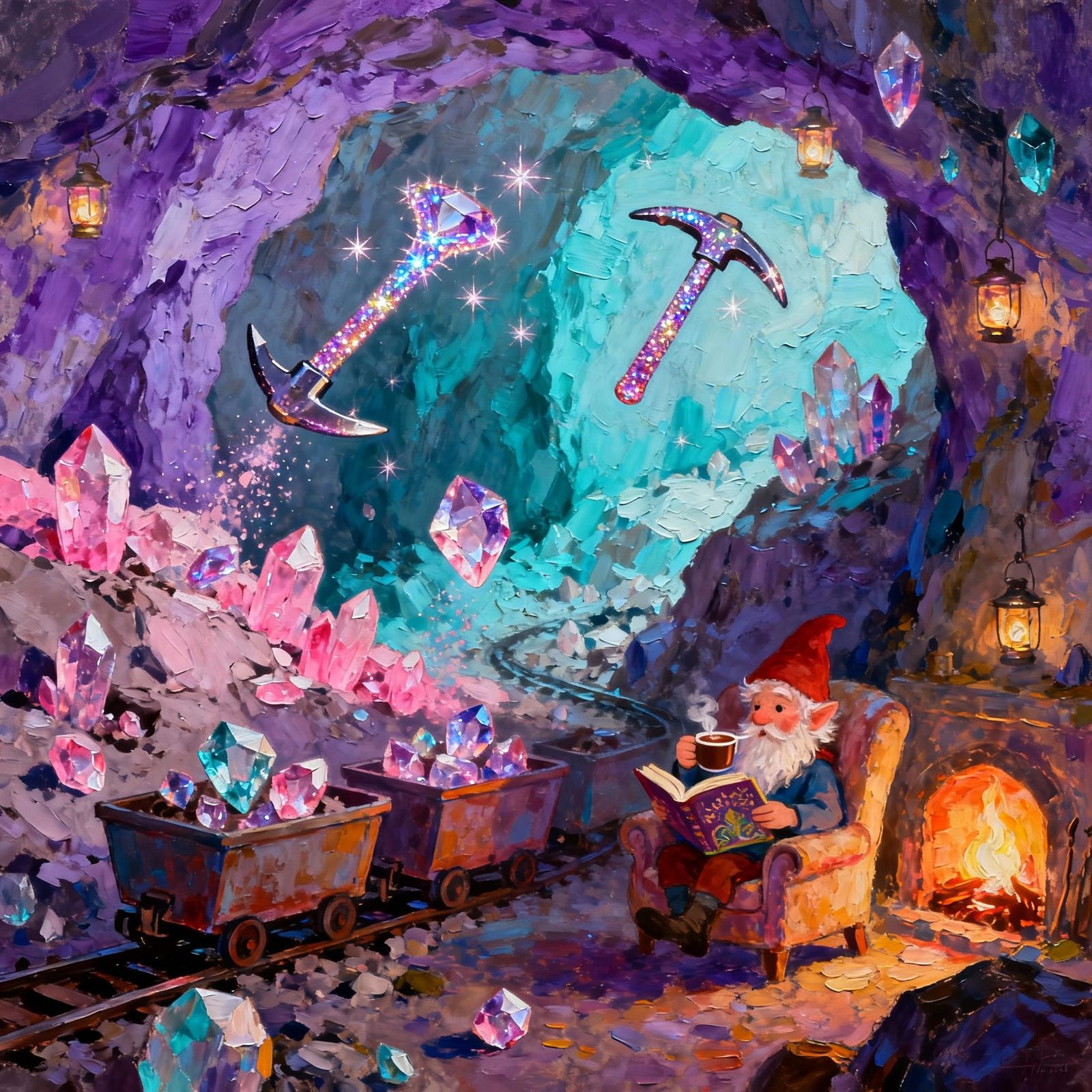 Gnome Guards Crystal Mine in Magical Cave Oil Painting