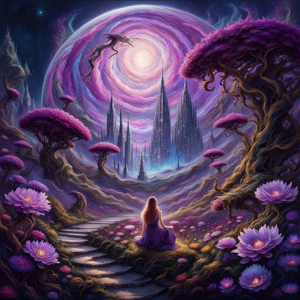 Purple Utopia Nature And City In The Distance