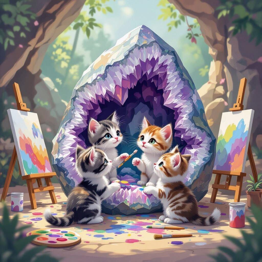 Kittens Painting in Amethyst Geode, Cartoon Style
