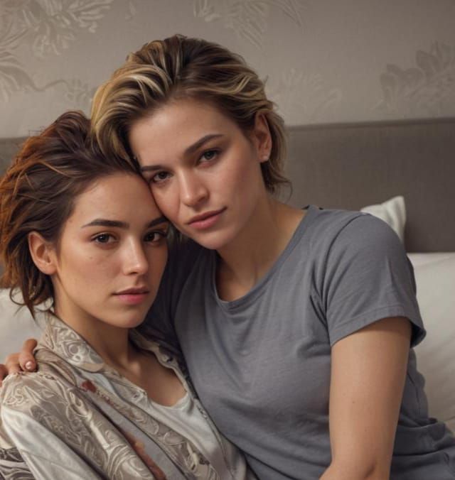 Lesbian Couple Cuddling in Modern Bedroom, Detailed Portrait