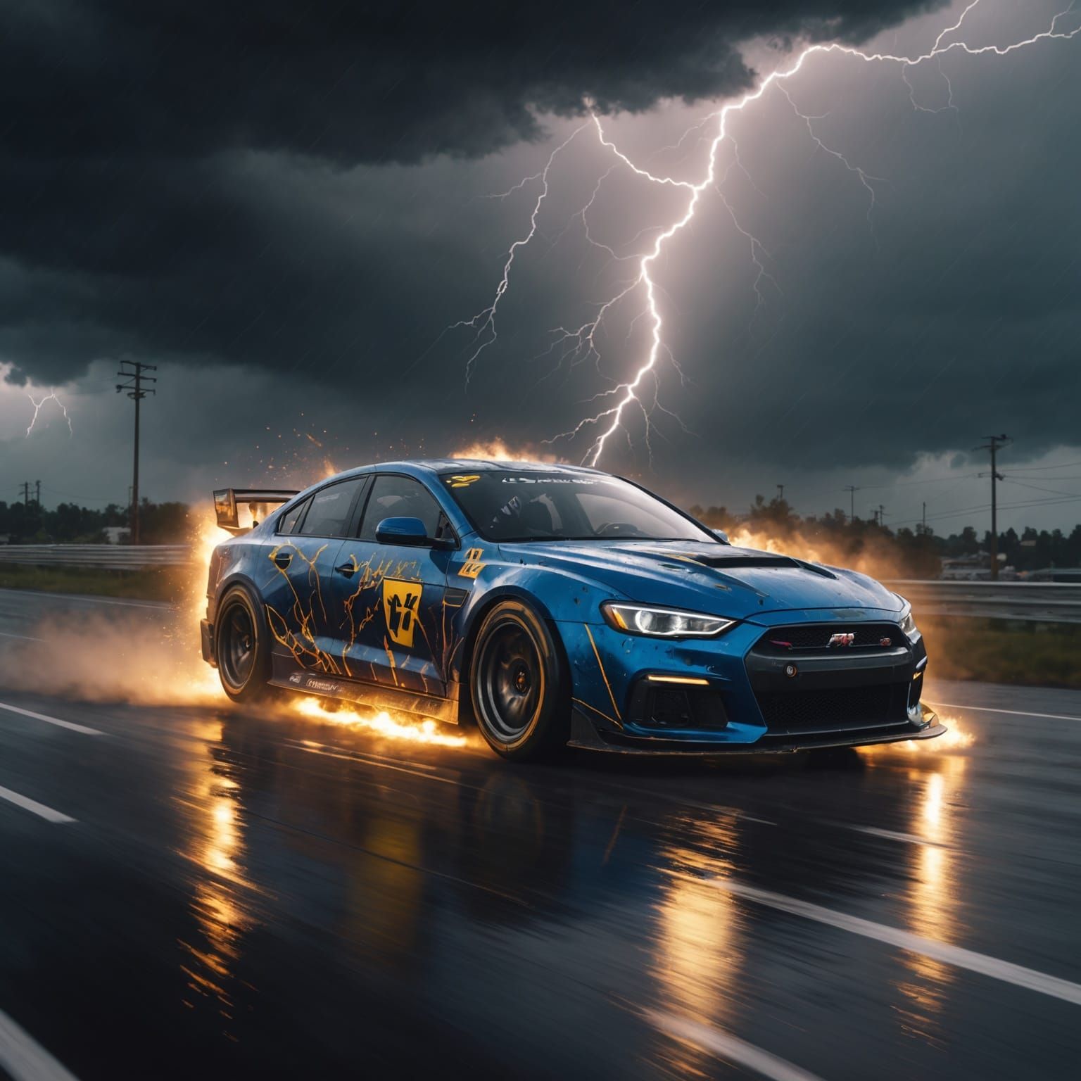 Race Car Drifting Through Lightning in Stormy Weather