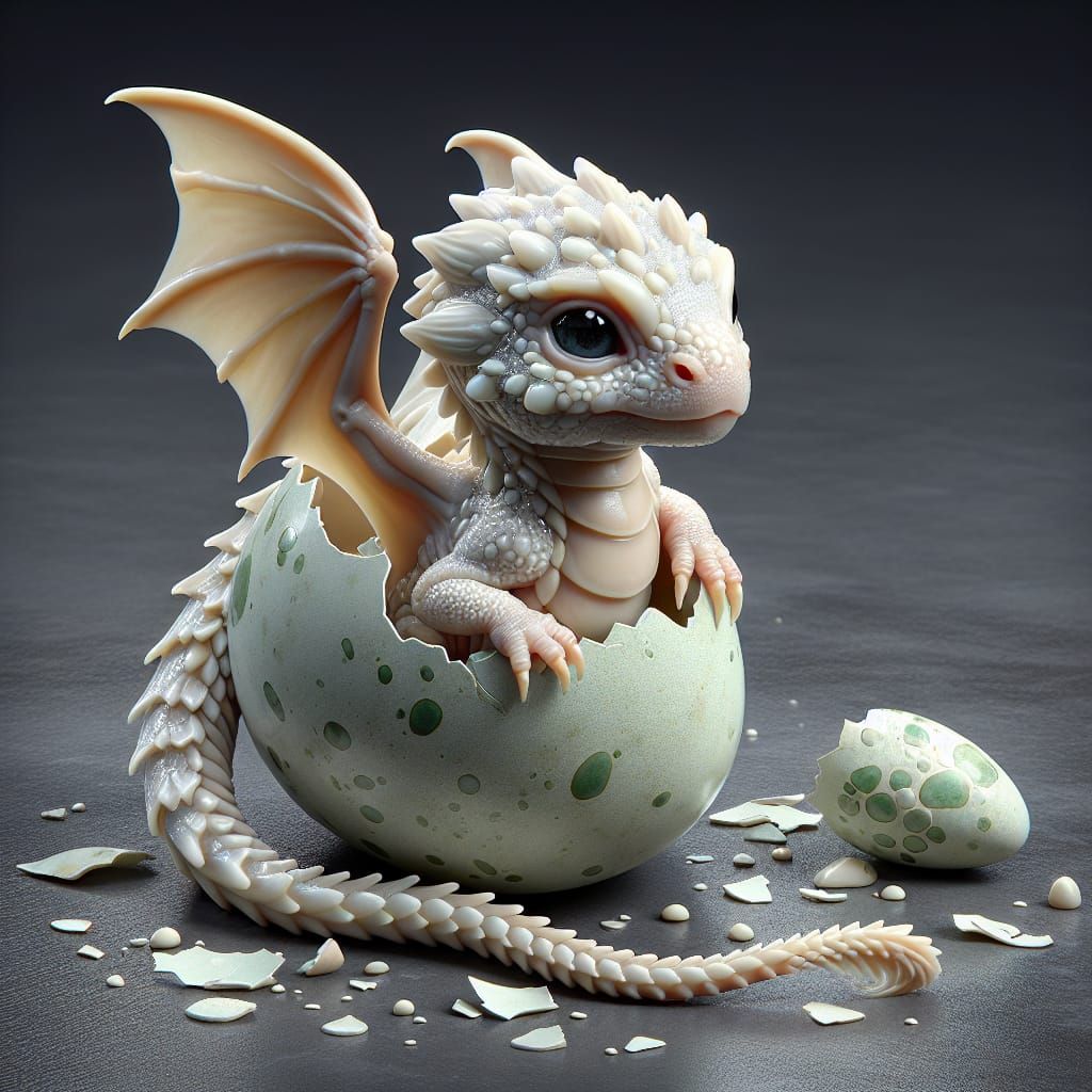 an adorable baby white dragon with scales reminiscent of oily cream hatching from a pale green splotched cream egg and w...