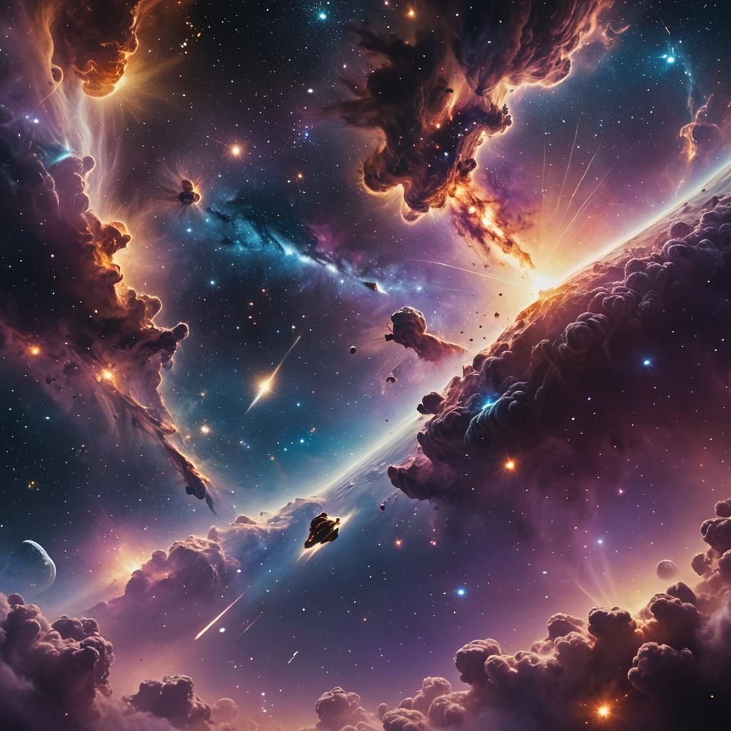 Lone Spaceship's Cosmic Voyage in Cinematic Style