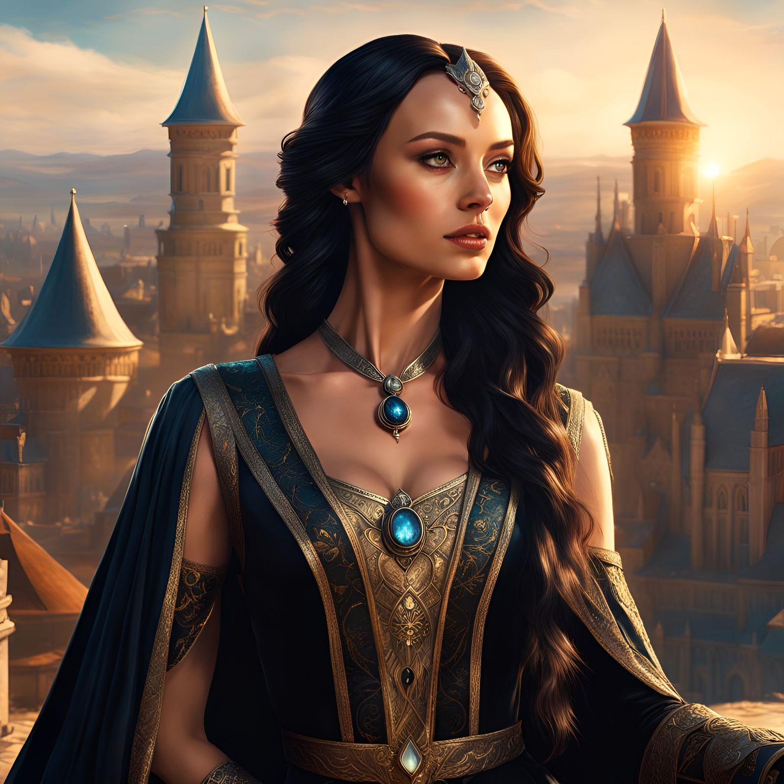 Medieval Sorceress in a Magic City, Detailed Fantasy Art