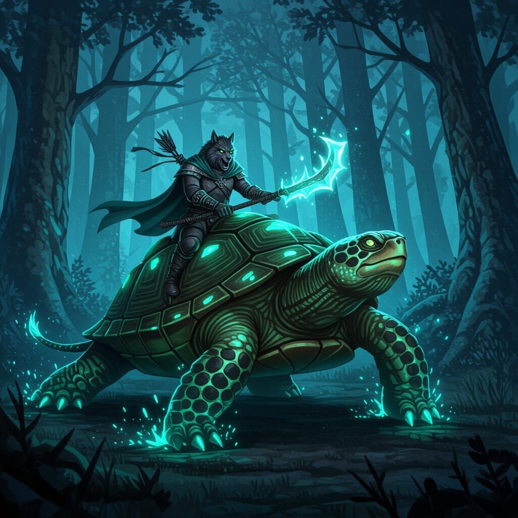 Fierce Bioluminescent Turtle in Dark Forest with Werewolf