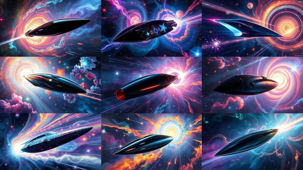 Spaceship Races Through Iridescent Star Vortexes