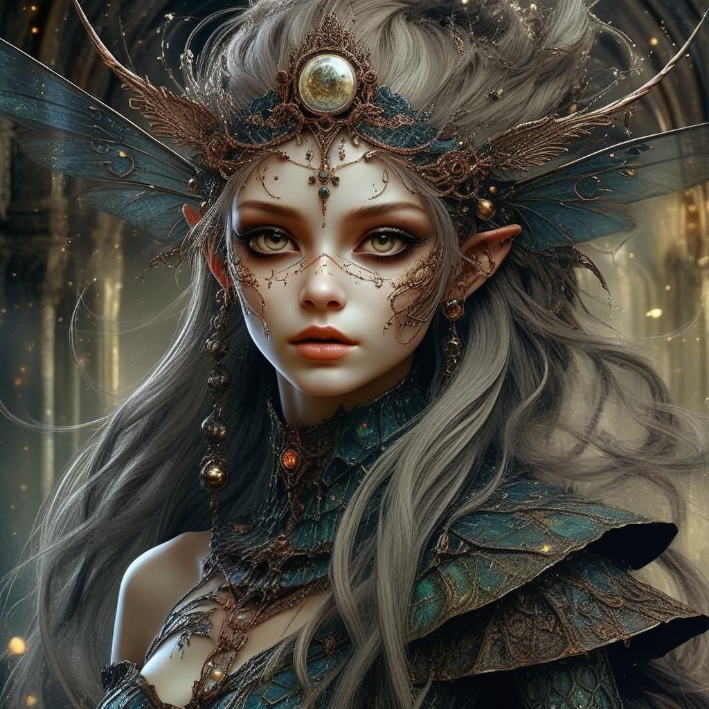 Dystopian Pixie with Lettered Bells, Gothic Fantasy Art