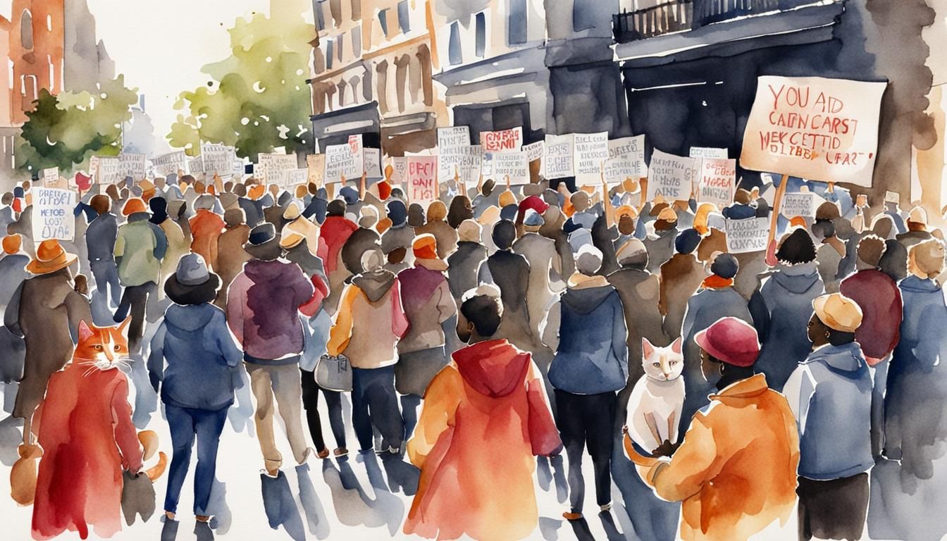 Diverse Crowd Protests with Cats in Watercolor