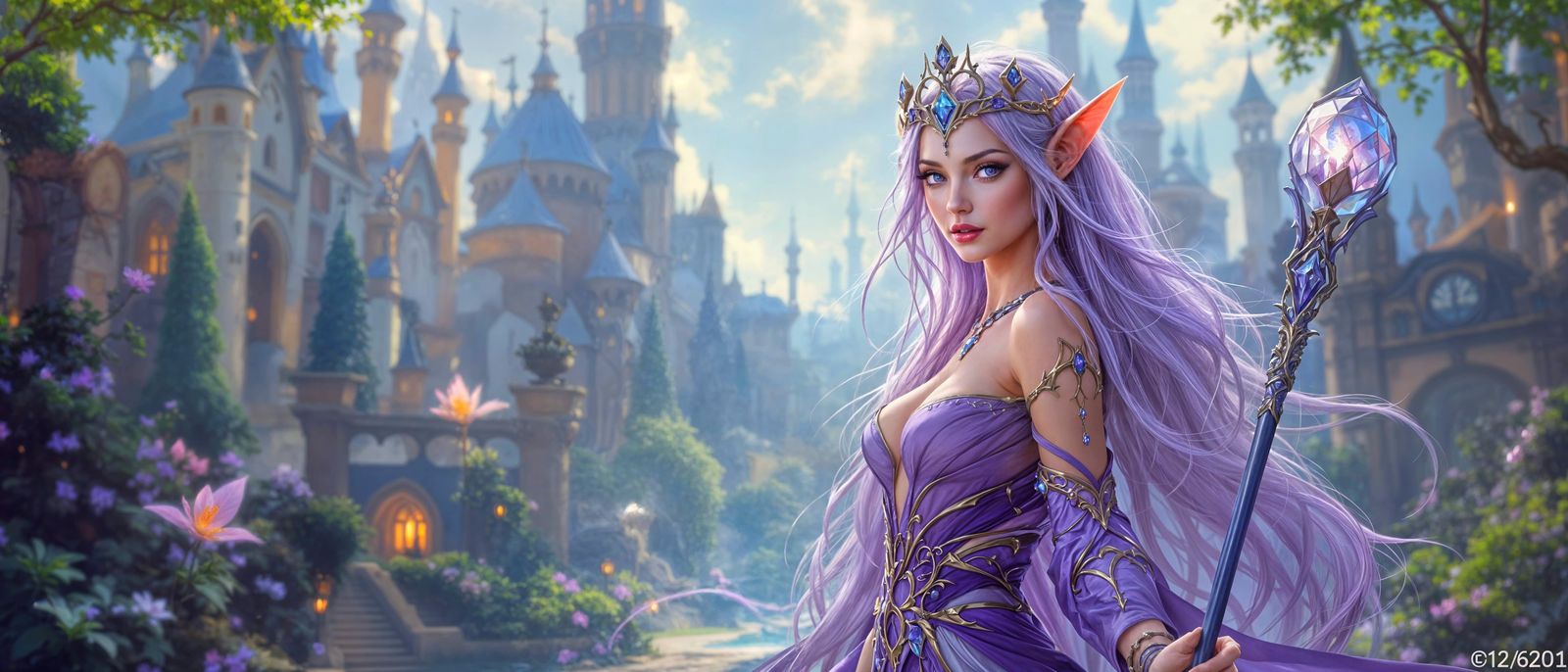 Ethereal High Elven Sorceress in Fantasy City