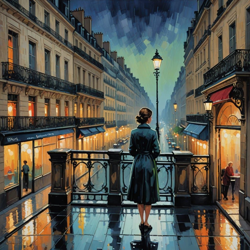Woman on Parisian Balcony in Vibrant Gouache Style