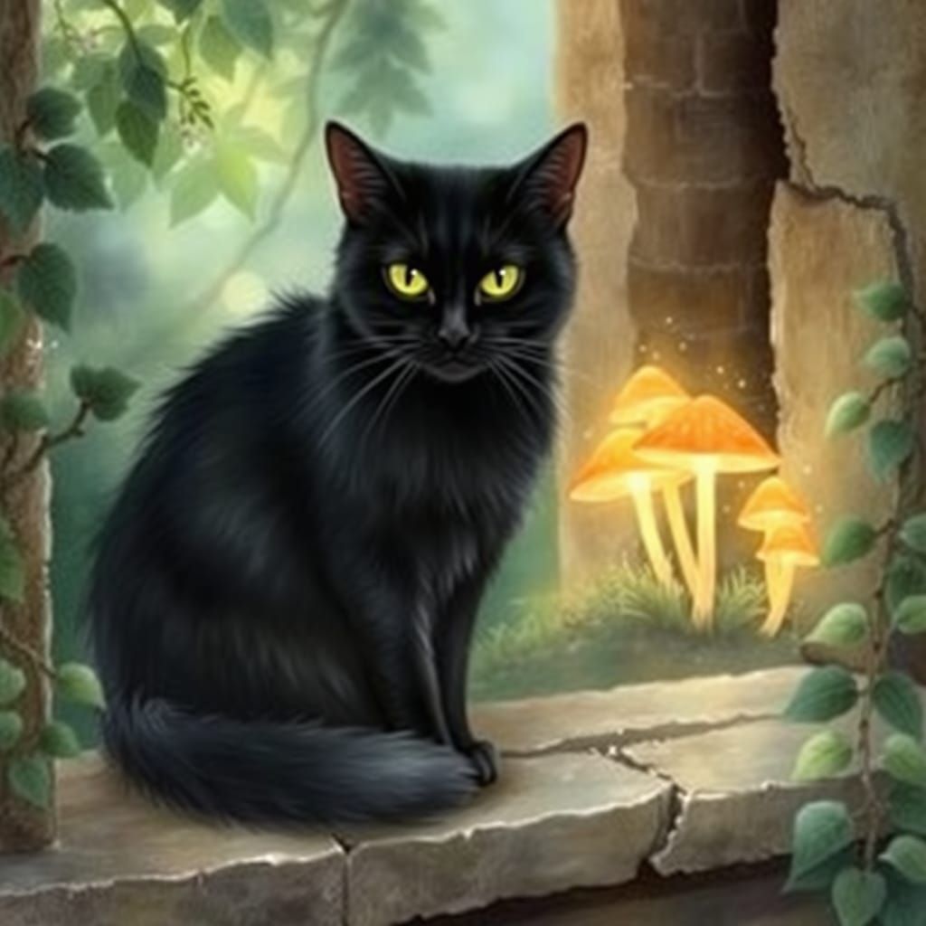 Whimsical Feline Scene in Enchanted Forest