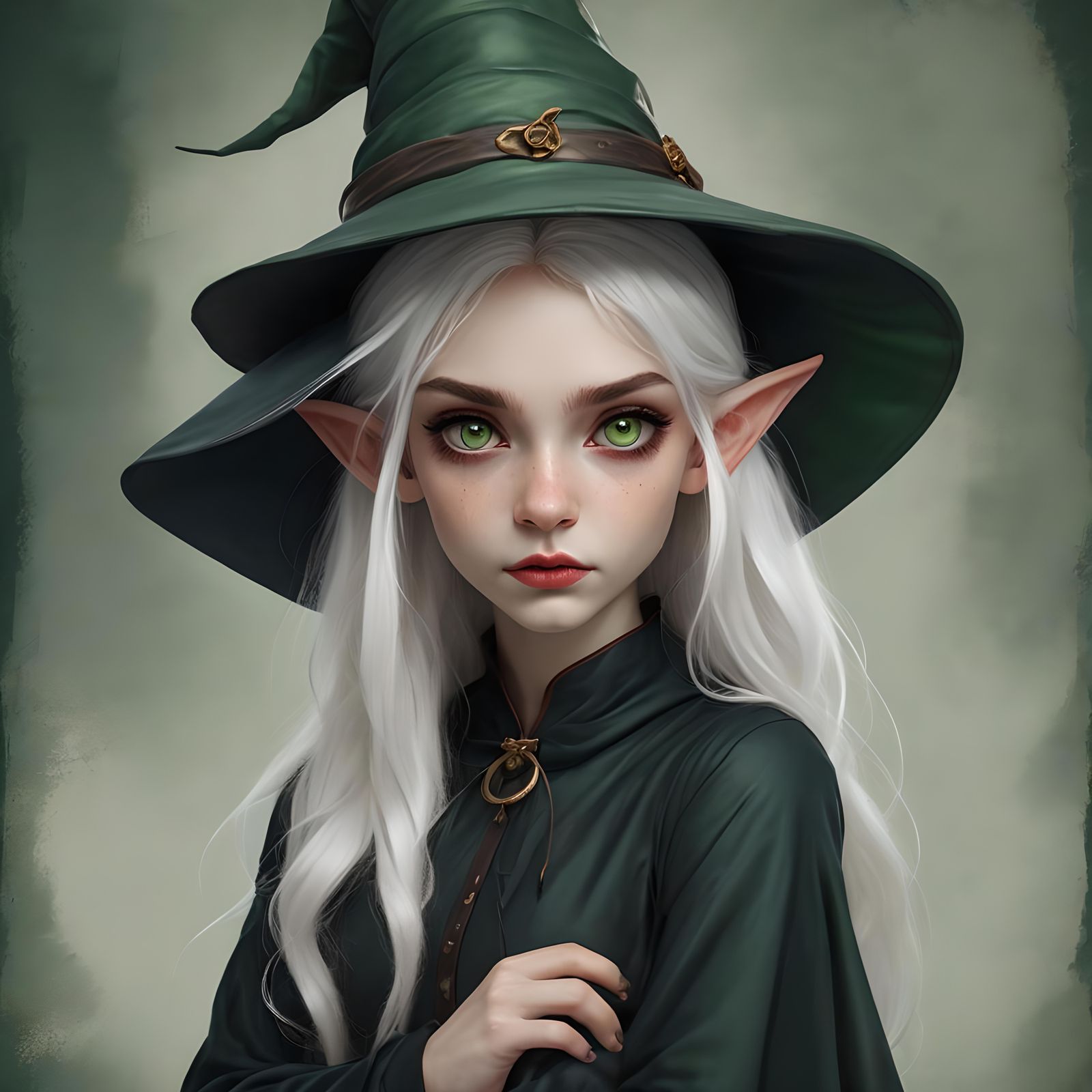 Annoyed Elf Girl in Witch Hat and Dress