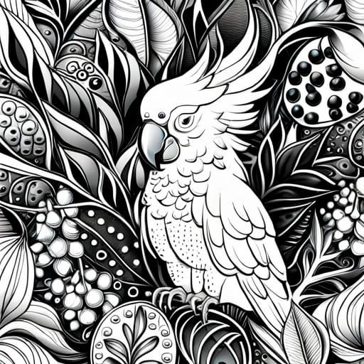 Cockatoo Coloring Page with Gum Leaves and Nuts