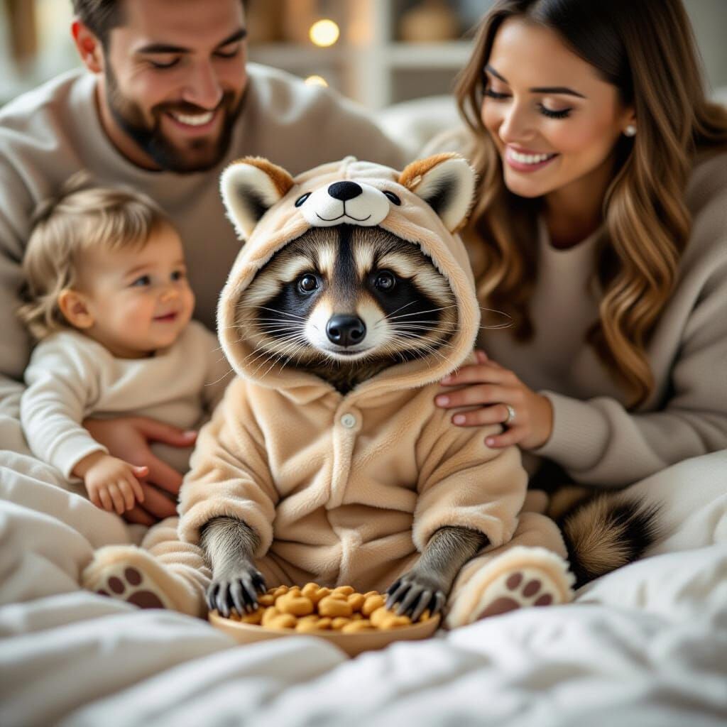 Raccoon in Dog Costume Beloved Pet in Cozy Home
