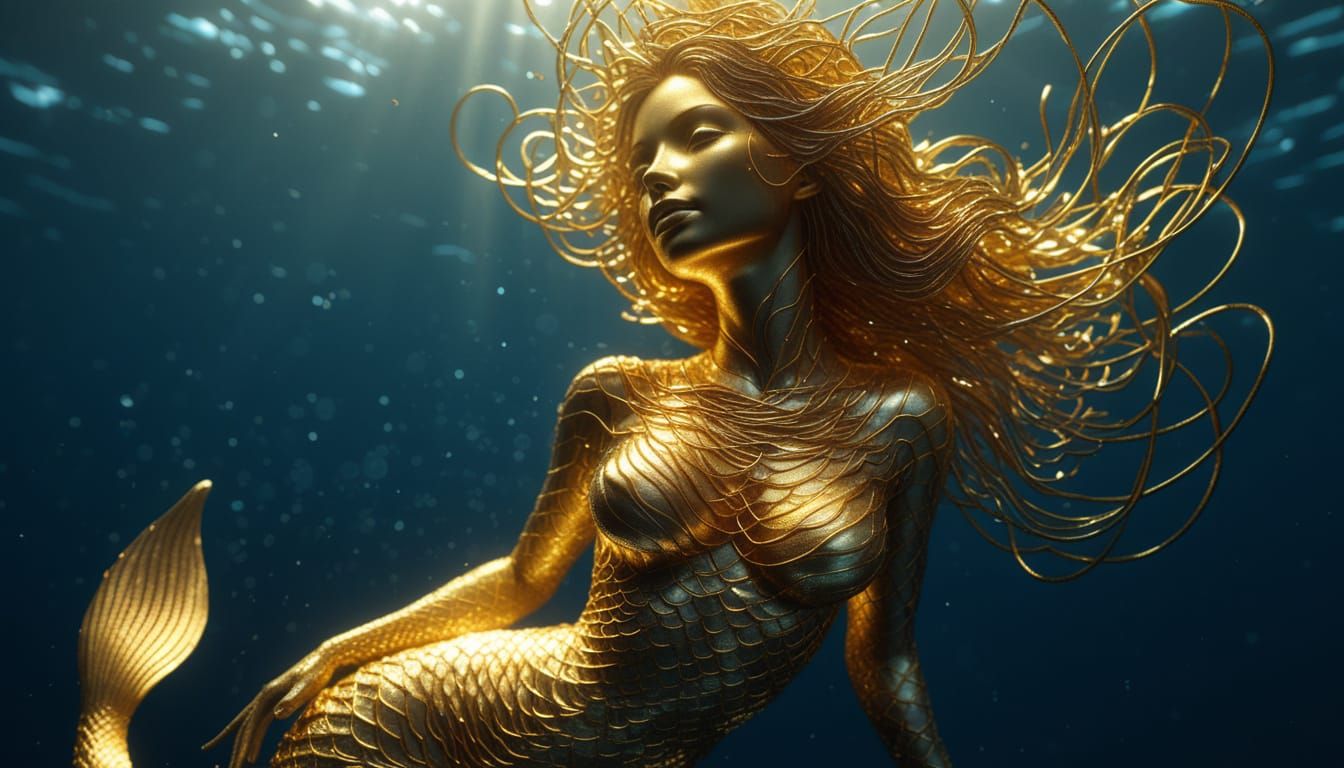 Golden Wire Mermaid in Art Deco Style