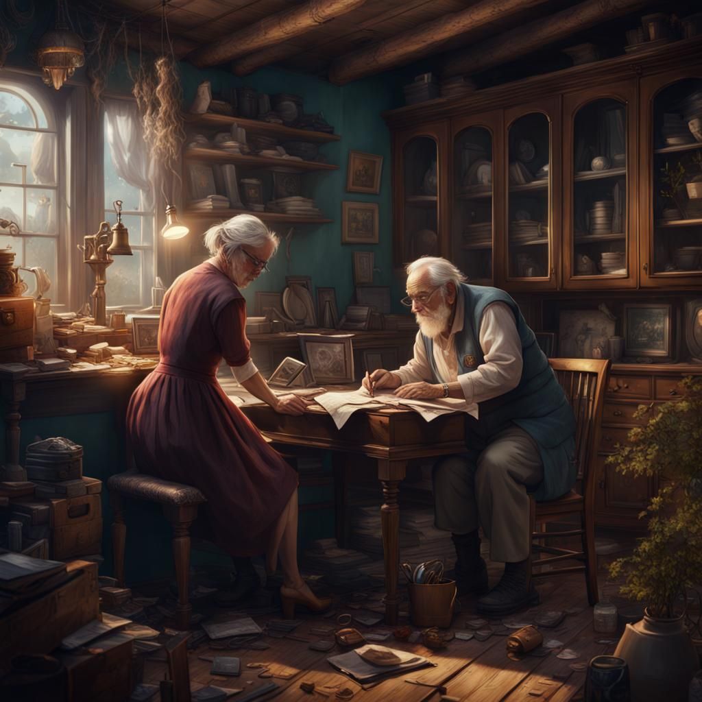 Young Woman Helps Elderly Man: Matte Painting