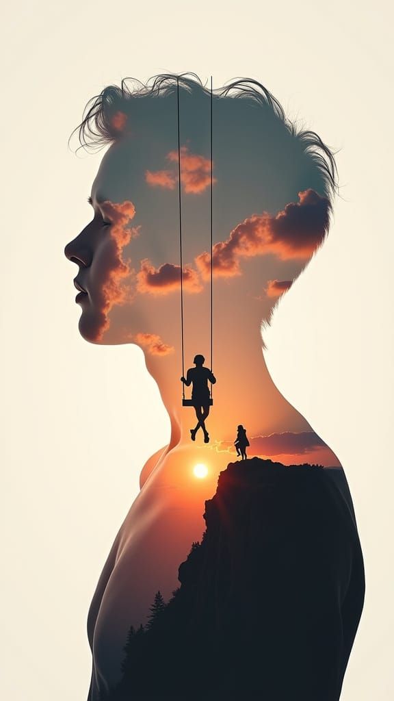 Surreal Sunset Portrait with Swing and Cliff Silhouette in H...
