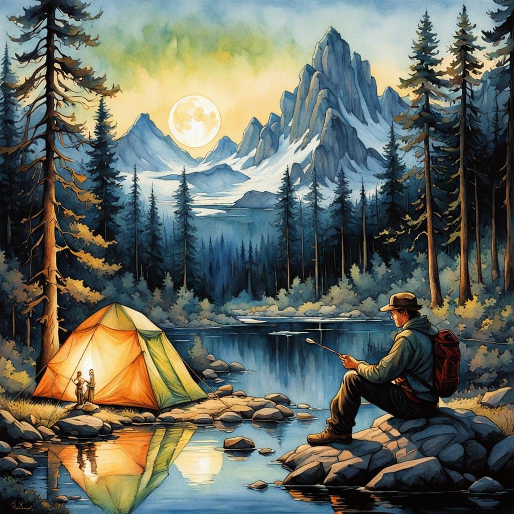 A serene night time "camping scene" deep in the forest, wher...