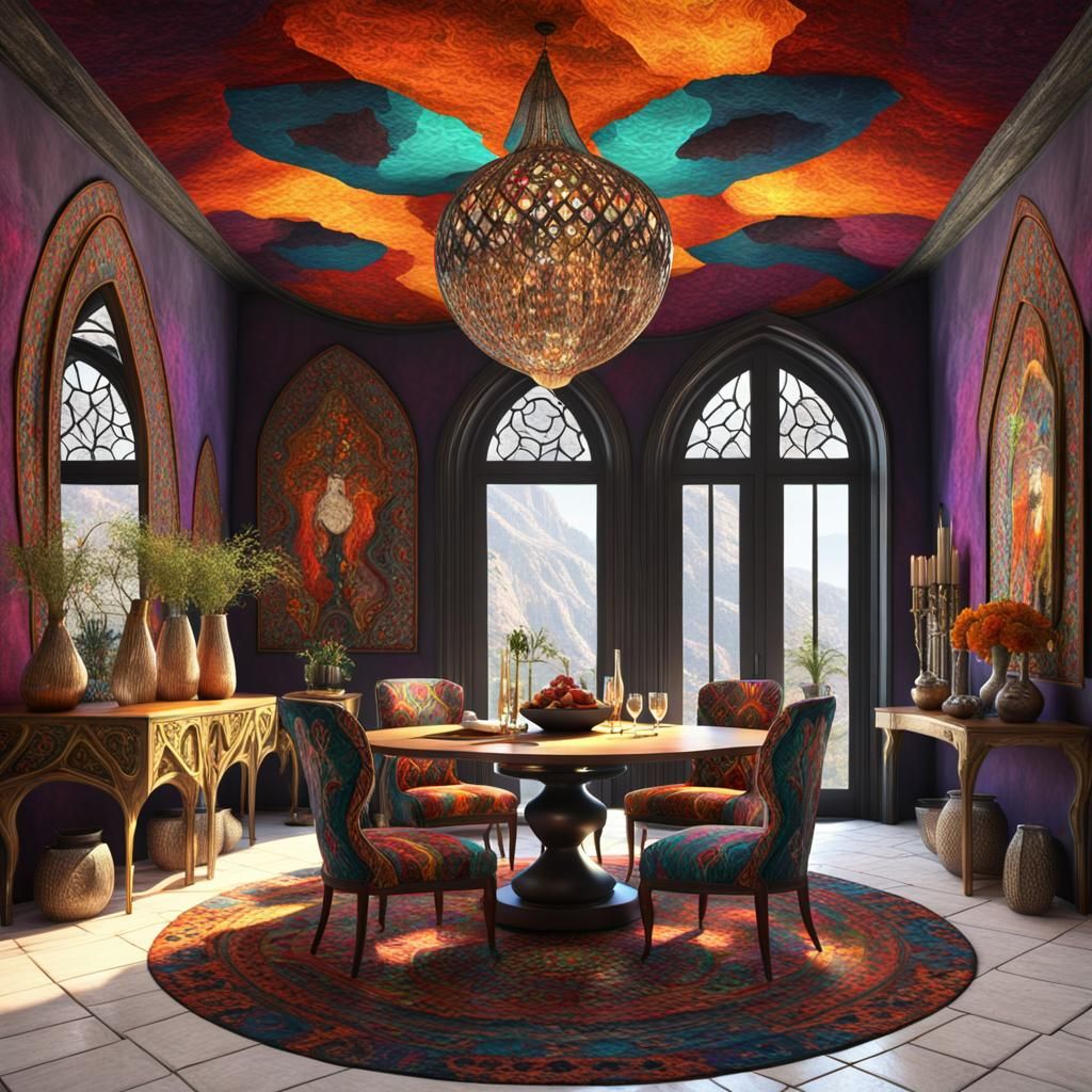 Gothic dinning room showcasing contrasting and vibrant colors, combining elements of Bohemian and Nubian art styles.