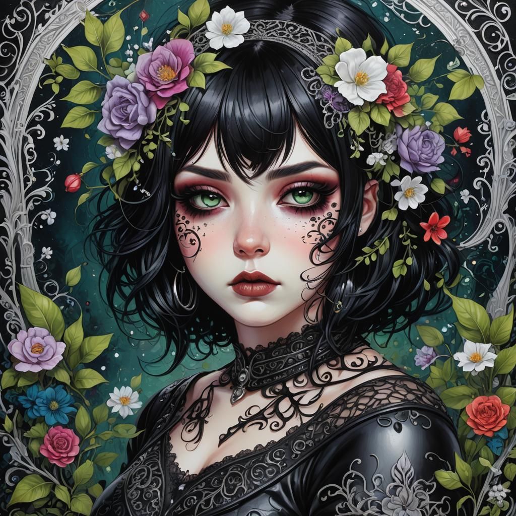 Emo Goth Girl with Flowers in Anime Style