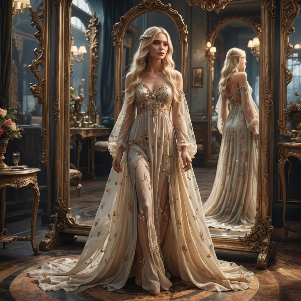 Hyperrealistic Woman in Mirror, Detailed Matte Painting