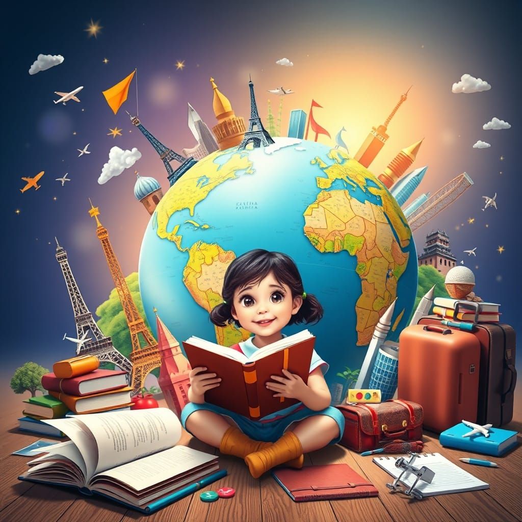 Girl Exploring Vibrant World Globe with Landmarks