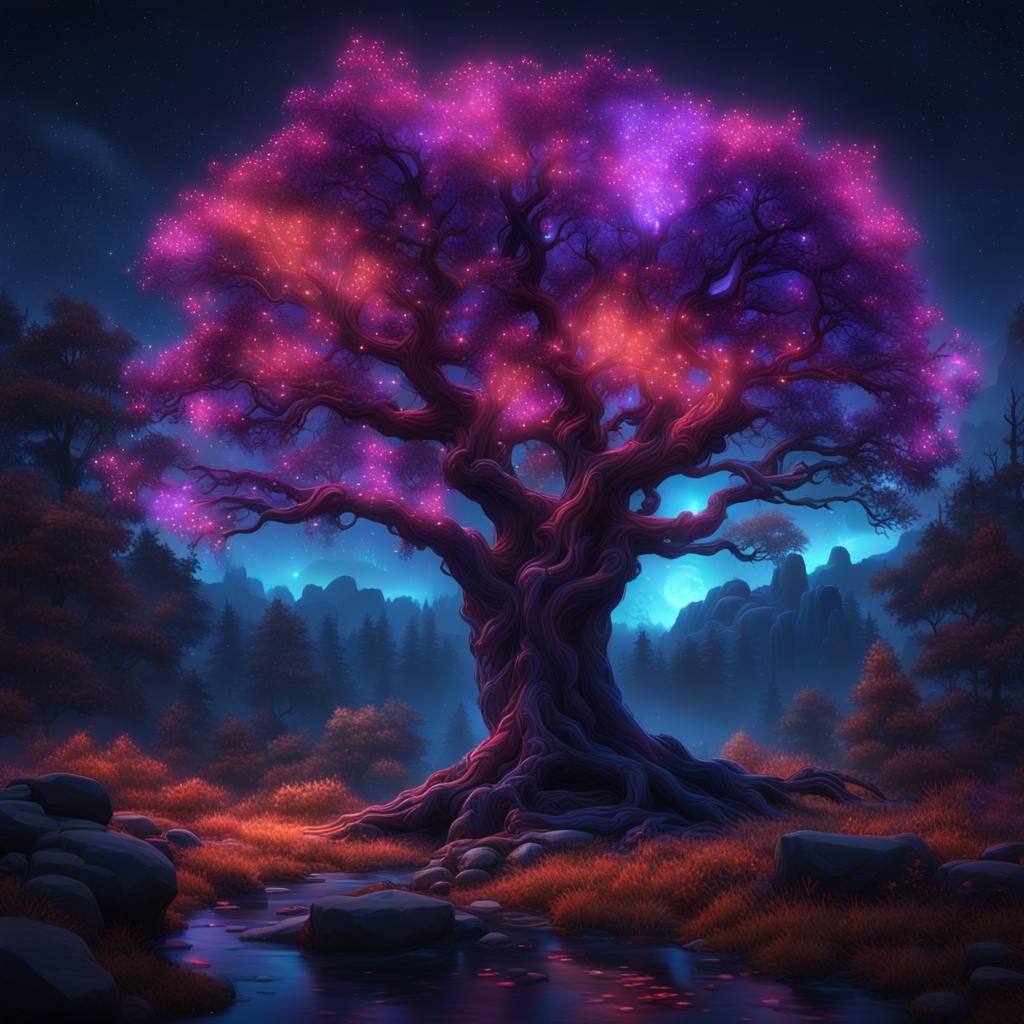 Neon Tree Under Vibrant Northern Starry Sky