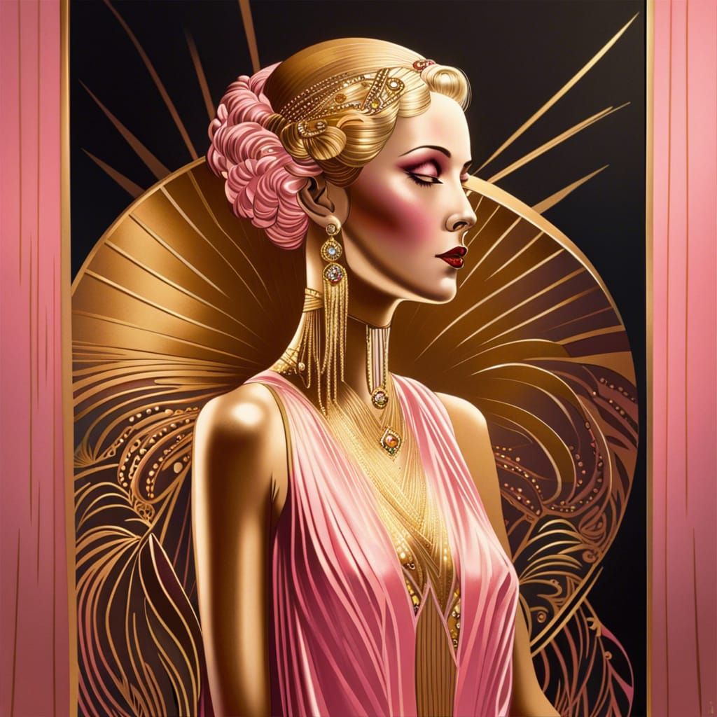 Art Deco Lady in Gold and Pink Gown
