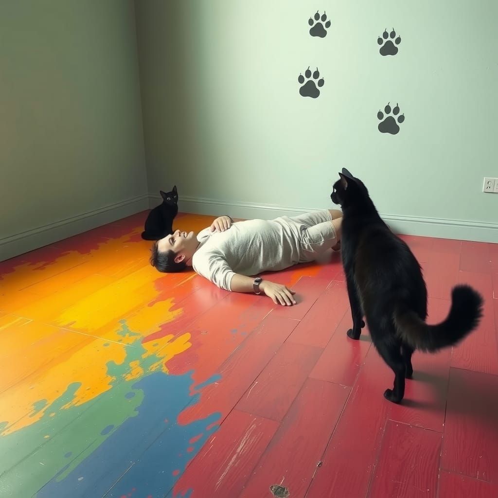 Rainbow Scene with Cat Pawprints on Wall