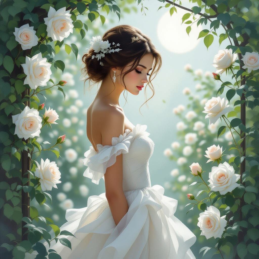 Ethereal Woman Made of White Rose Petals in Moonlit Garden