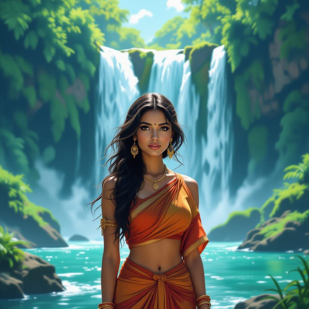 Indian Woman at Waterfall in Digital Art Style