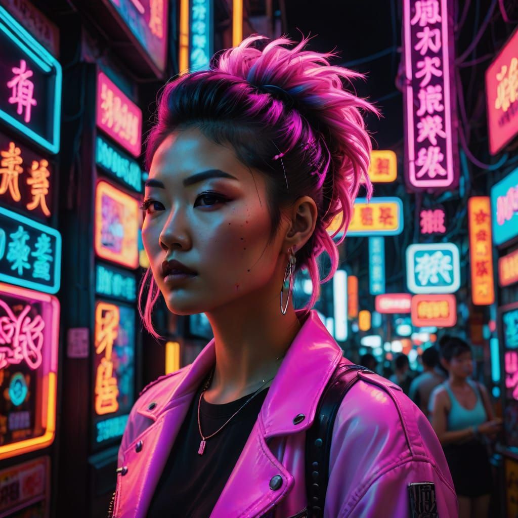 Asian Woman in Neon City with Punk Hairstyle
