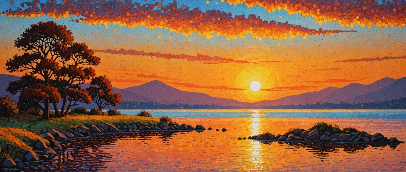 Warm Sunset in Pointillism Style