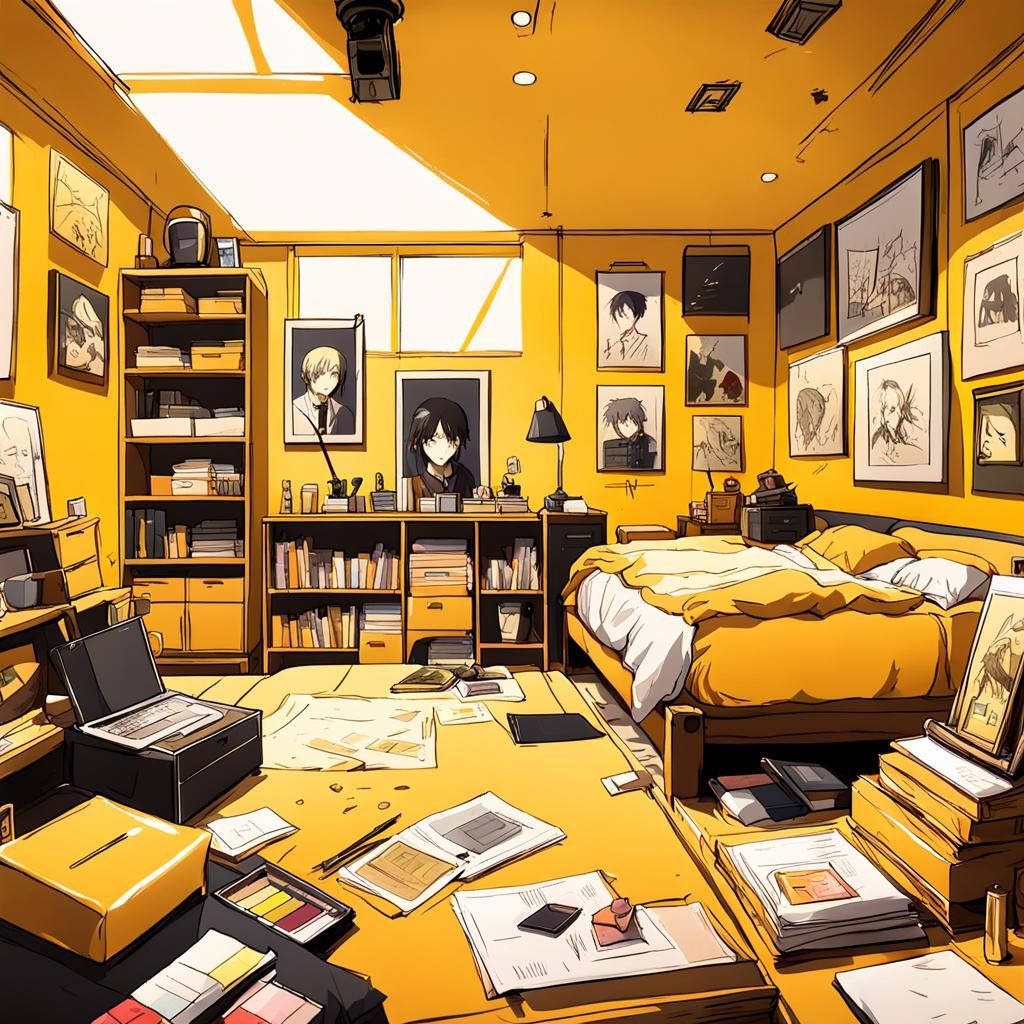 Anime Yellow Bedroom with Art Supplies