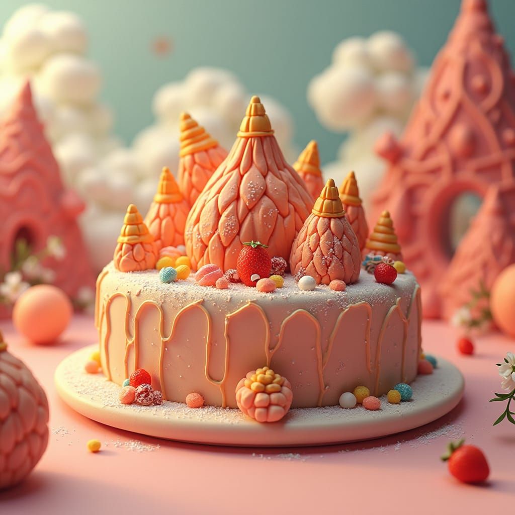 Geometric Angle Food Cake in Futuristic Landscape