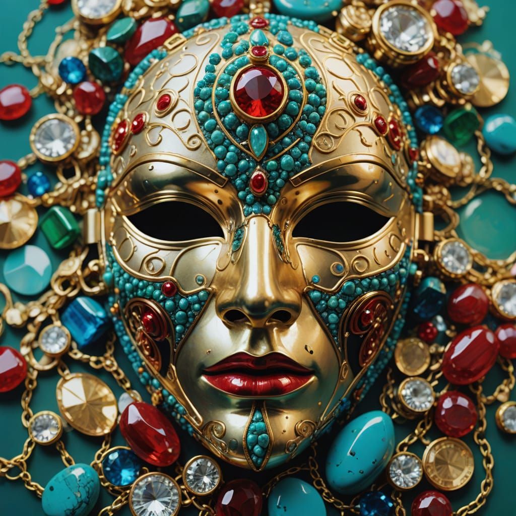 Vibrant Surrealist Mask in Golden, Turquoise, and Emerald