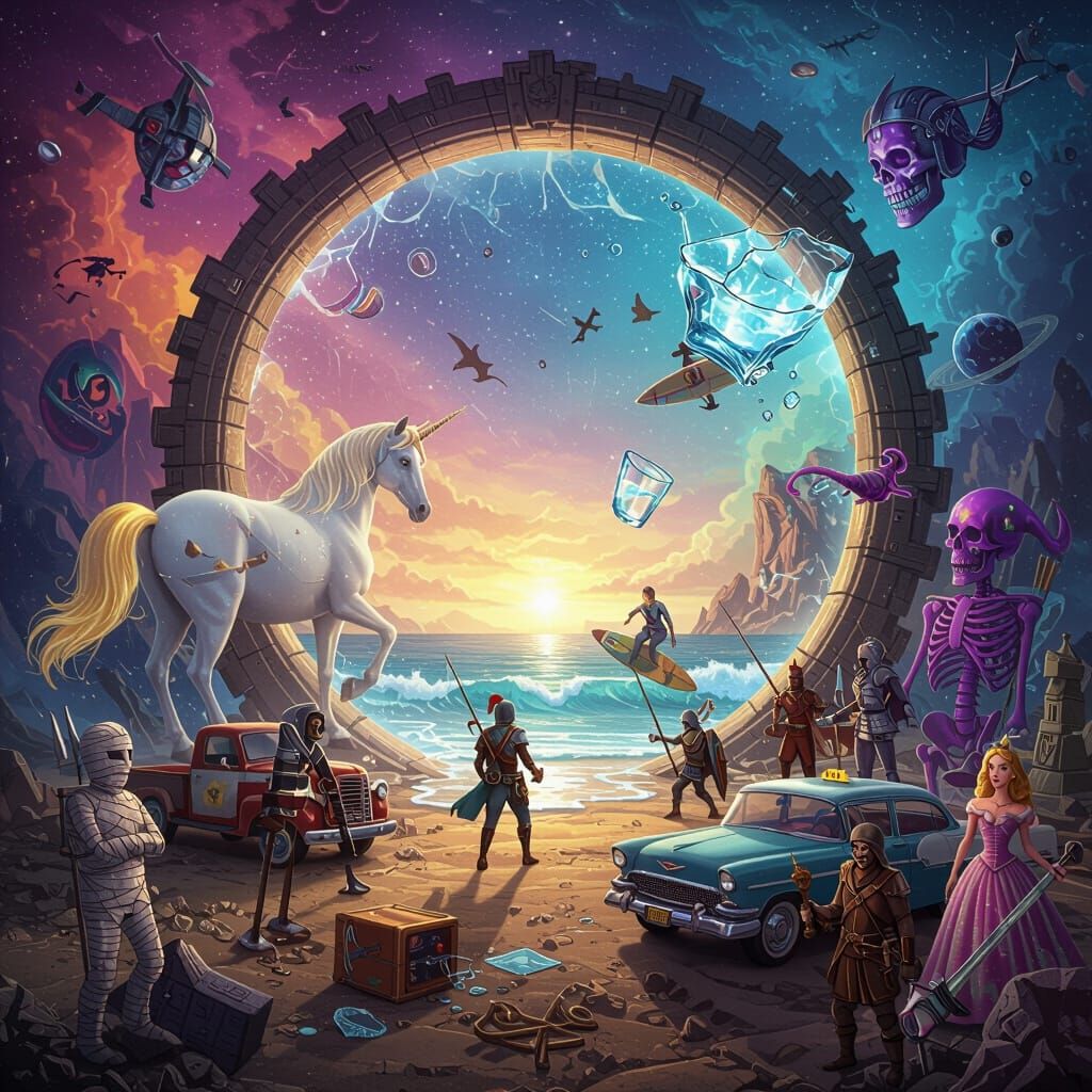Surreal Portal Realm With Mythical Beings and Objects