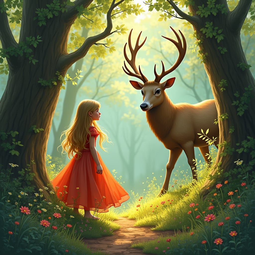 Enchanted Forest Scene with Girl and Stag