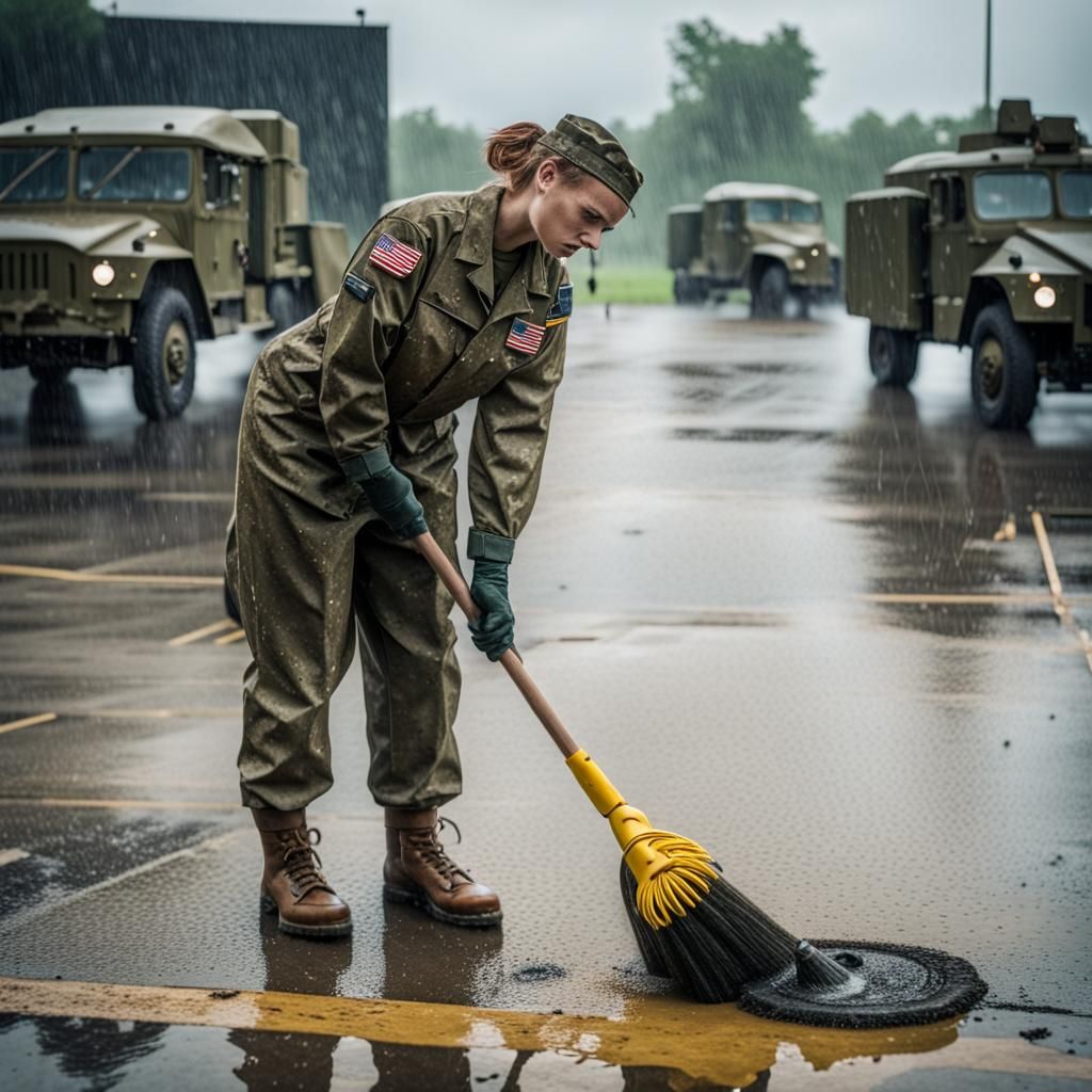 American Soldier Sweeping Motor Pool in Cinematic Style
