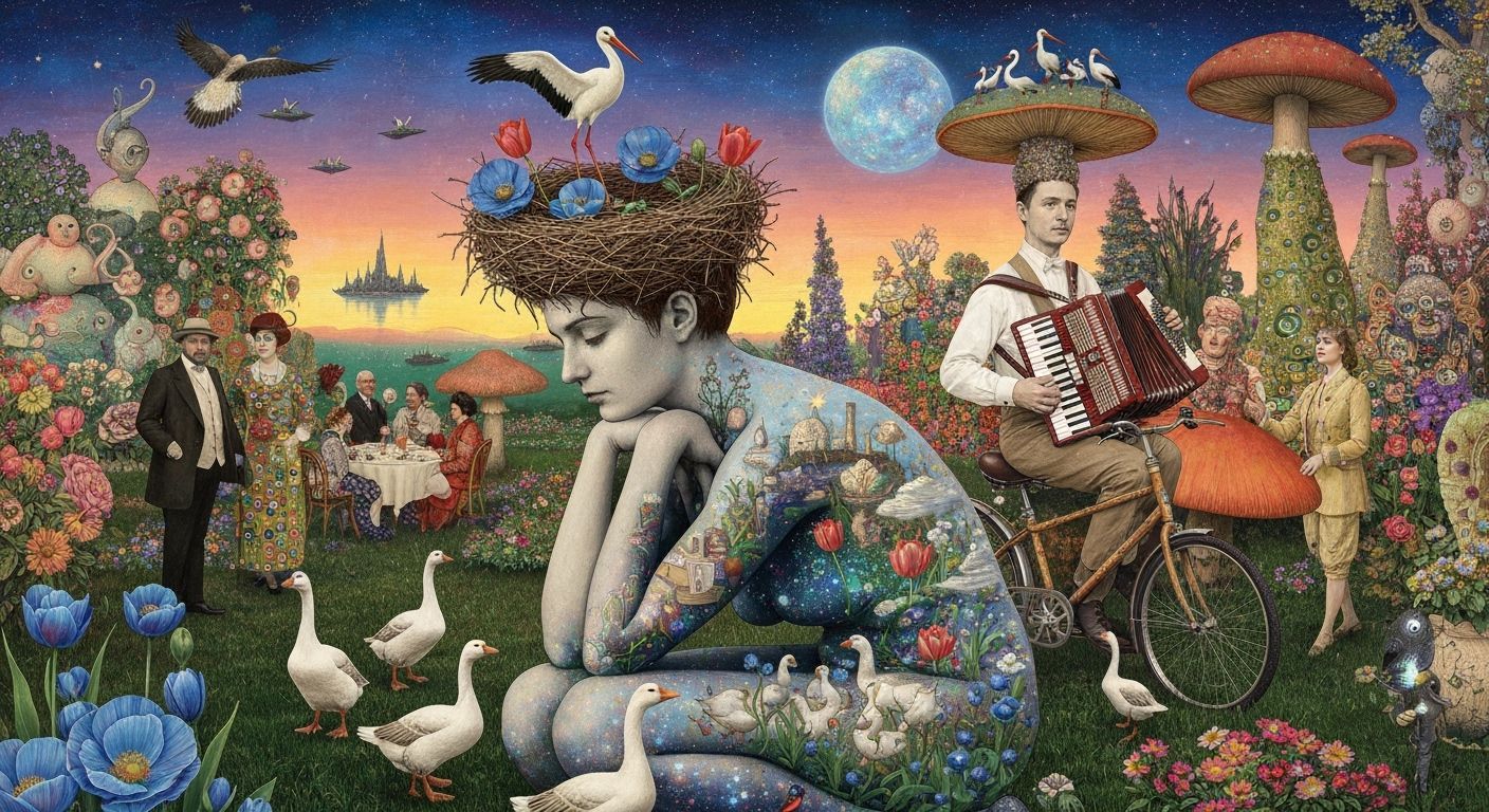 Cosmic Woman with Flowers, Birds, and Nature's Embrace
