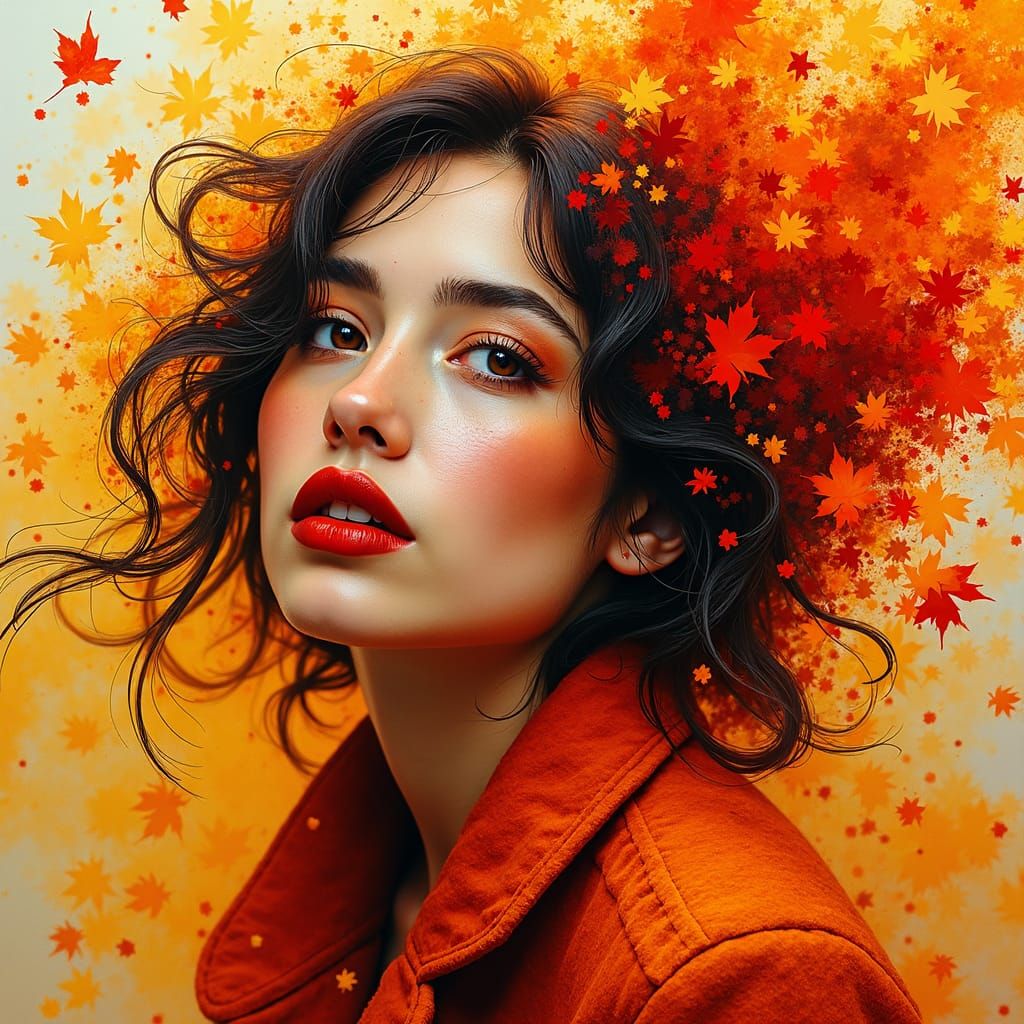 Autumn Woman in Pointillist Ink Splatter Landscape