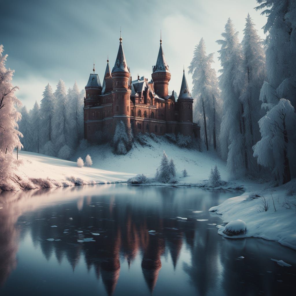 Russian Castle in Winter Snowscape, Hyper-Detailed