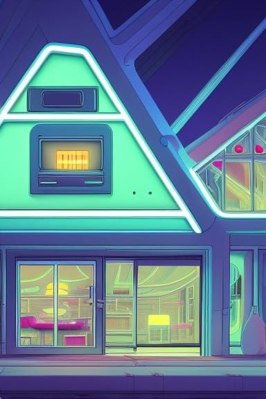 Futuristic Neon House in Anime Style