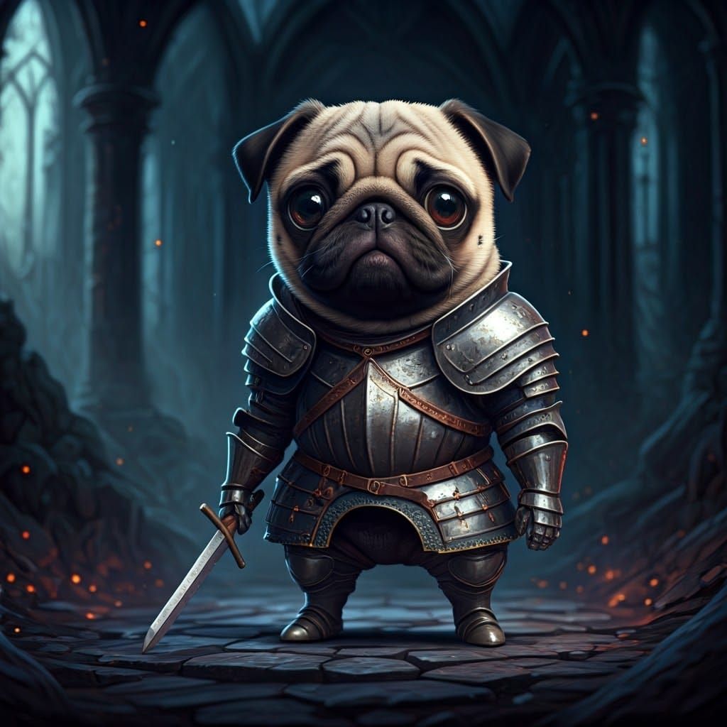 Pug Knight in Dark Souls Armor, Pixar Style